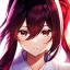 Placeholder: Clear focus, 8k, beautiful lighting, vibrant colors, girl, pink long hair, vibrant red eyes, miko, ponytail, hair in between the eyes, up close,