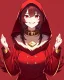 Placeholder: Smiling, girl with red clothes and a long Red blouse with a hood like that with fur on it, red eyes, has a personality evil, her teeth are sharp and one of them is gold, the one in the top left corner, Wears a collar with thorns around her neck, she is always irritated, dark red background