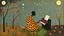 Placeholder: Lonely pianist, folk art surreal; mid-20th century naive art, abstract,