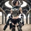 Placeholder: futuristic beautiful caucasian half cyborg female soldier, black metal body and limbs, scratched sand camo metal details, short brunette wavy bob haircut, dystopian, desert scene