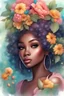 Placeholder: a painting of an African American woman with flowers in her hair, rossdraws pastel vibrant, beautiful fantasy art portrait, by Jeremiah Ketner, beautiful fantasy portrait, girl in flowers, woman in flowers, beautiful anime portrait, inspired by Anna Dittmann, colorful watercolor painting, watercolor detailed art, vibrant watercolor painting, exquisite digital illustration, by Anna Dittmann, stunning anime face portrait