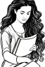 Placeholder: Pencil sketch of Young woman, Arab features,sad, long wavy hair, reading a book, full body، on lined paper