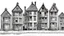 Placeholder: A technical front view pencil drawing of a row of neglected tall, narrow fantasy houses of different heights.