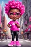 Placeholder: create an airbrush illustration of a chibi cartoon voluptuous black female. Wearing a hot pink t-shirt and tight black jeans with hot pink Nike sneakers. Prominent make up with hazel eyes and she is wearing pink glasses. Extremely Highly detail of a very low platinum shiny pixie haircut. Background of a busy city street.