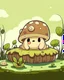 Placeholder: magical kawaii mushroom with a big, frowning mouth and droopy eyes, sitting on a mossy log in a quiet and peaceful forest, lost in its own thoughts, high details, forest background, cute, kawaii style, outline,