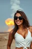 Placeholder: an attractive woman leaning forward(cropped from between nose and hips, cleavage, grinning, wearing sunglasses, nuclear explosion in background