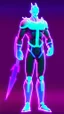 Placeholder: man game character full height with weapoon in blue-purple neon, without background