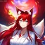 Placeholder: Clear focus, 8k, beautiful lighting, vibrant colors, fox girl, red hair, long hair, white eyes, miko, tail, smile,