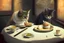 Placeholder: Two cats Siting at a table. Eating Sushi