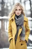 Placeholder: Fashion portrait of beautiful blonde woman in yellow coat and scarf. Beauty winter fashion. Advertisement concept