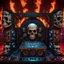 Placeholder: DJ of the damnded, insanely detailed DJ booth in hell, MID set, speakers and equipment made of bone, anatomically correct, add more skulls in th audience, photorealism, vray, 8k 3d, woofers in all empty eye sockets of stage equipment, wide angle, telephoto, from audience, all multicolored skulls,