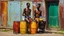 Placeholder: minimalist acrylic impasto painting of two skinny tall black Somali neighbors sitting on rusty oil barrels drinking steaming coffee, wide angle, dusty heat, tribal vibe, amazing verticals, great parallels, warm shades of yellow, orange, green and black with sparse deep red leaks, afrofuturism, rusty village decay, arafed doors