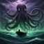 Placeholder: A gigantic octopus-like creature rises from the ocean depths, its tentacles reaching out to the sky. A small boat with a lone figure rows away in terror. The creature's eyes are glowing green, and its skin is a deep purple. The water is dark and murky, and the sky is stormy