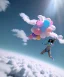 Placeholder: Ultra realistic speed clouds sky scene, wide angle view, sweet womans falling down, inflatable color clothing, free jumping flying, many trinkets, hair monster, many jelly beans, balls, color smoke, smile, happy, circus style, extreme, wind, clouds sea, 20,000 feet altitude, stratosphere, soft color, highly detailed, unreal engine 5, ray tracing, RTX, lumen lighting, ultra detail, volumetric lighting, 3d, finely drawn, high definition, high resolution.