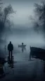 Placeholder: A mysterious man in black standing by the foggy lake black vein, human veins, mixing together a lot of them, like a forest, big and small veins a lot of them. A mist, show a small boat in a man in dark is coming in dark foggy distance and another man is standing on the water bank