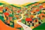 Placeholder: whimsical arafed nonsense, patchwork vibe, acrylic and ink painting of a cozy village main street on undulating hills with color (((minimal))) sketches of village people with (((extremely long limbs))), (((oversize head))), sharp color contrasts, amazing shadows, (((exaggerated limbs and head))), minimal cozy, warm palette, bright bold warm summer green yellow orange black colors, color leak, sparse bright orange-red splinters, heavily distorted views, amazing parallels, amazing reflections
