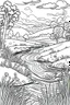 Placeholder: coloring page, creek through a meadow, cartoon style, thick lines, low detail, no shading