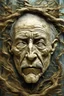 Placeholder: surrealis monochrome A fragmented, surreal sculpture liguid color of photorealistic image 3d,psychedelic art of an old man face glossy emerging from dreamlike a crumbling building. The face appears pale with deep cracks and intricate details, evoking a haunting expression. Blackened tree branches intertwine with the gold mengkilat cracks, set against a backdrop of stormy, cloud-filled skies. bauhaus art The overall tone is dark and moody, suggesting themes of decay and transformation. Include