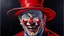 Placeholder: A clown with a red hat whose face splits into articulated panels showing different versions of his mouth: closed, smiling, smoking, open. Painted in hyperrealistic acrylic with theatrical shadows.