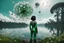 Placeholder: Photo of a skinny woman with a black bob hairstyle, in a green and silver android suit, looking at flying dandelion heads with octopus tentacles looking out over a lake, in an alien forest, with tall narrow cloud trees