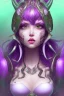 Placeholder: cute purple haired devil girl with bright green eyes and 2 black horns on her head wearing a purple/pink dress