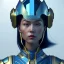 Placeholder: woman, asian race, blue, round helmet, decorative color feathers, retro futuristic, latex coat, soft color, highly detailed, art stations, concept art, smooth, unreal engine 5, god rays, ray tracing, RTX, lumen lighting, ultra detail, volumetric lighting, 3d, finely drawn, high definition, high resolution.