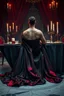 Placeholder: "prompt": "A dark, moody, surreal scene of a rugged auto mechanic at a decadent high tea. Instead of workwear, he now wears a flowing, high-fashion silk gown — glossy black with crimson undertones, draped dramatically yet smeared with streaks of oil and dust. DRESSY gown clings to his muscular frame while long folds cascade onto the cracked marble floor. He sits at a grand, candlelit tea table covered in black velvet, where tarnished silver trays hold eerie pastries, shattered porcelain cups