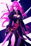 Placeholder: A exalted female archmage, her black robes and long pink hair shining in the light, her greatsword held firmly in her hands as she strides forward, her red eyes blazing with a fierce intensity, levitating above enemys , dodging enemy fire, 4K,