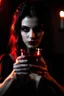 Placeholder: 4k full details full lights femme vampire, yeux rouges, tient un verre en main avec du sang