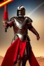 Placeholder: Planet Mars portrayed as a menacing man wearing Roman-like armour, a red cape, and a spartan helmet that covers his face entirely, he is armed with a spear and a spartan shield, his armour is covered with battle marks