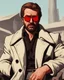 Placeholder: a young man with big muscles who looks like hans gruber wearing a heavy coat and red sunglasses staring with an irritated look on his face standing in front of a large fire