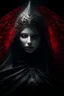 Placeholder: A dark, gothic portrait of a mysterious figure draped in a flowing black veil. The subject wears a red ornate crown adorned with small sharp spikes, giving a celestial yet eerie presence. The background is white solid, enhancing the contrast between the red fabric and the metallic crown. The lighting is dramatic, softly illuminating the veiled face while casting shadows that add to the enigmatic and religiously symbolic atmosphere. The aesthetic is reminiscent of dark baroque or gothic art