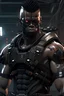 Placeholder: muscular black cyberpunk military commander