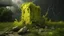 Placeholder: Artistic rendering of a yellow concrete sculpture in ruins, with plants growing through the cracks, during a dramatic thunderstorm.