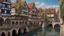 Placeholder: medieval buildings with balconies overhanging a river, blue sky and people, photorealism, trees, foliage, piers, intricate detail, ultra-sharp image, sharp focus