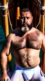 Placeholder: photography of a burly marocan fisherman sunbathing on a fisher wooden boat, in little french briefs, tattoo, manly chest, ugly, 44 years old, bullneck, white long beard, dreadlocks, muscular chubby, screaming, angry eyes, photorealistic, Canon EOS, 8k