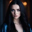 Placeholder: portrait of an very pretty 19 year old woman with long black hair and sapphire blue eyes. Photorealistic. dark romance. 8k