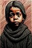 Placeholder: create a deeply powerful tragic, heart wrenching, and evocative, full body color woodcut of a raw and weathered young refugee child with highly detailed and deeply cut facial features, lost in a horrific post apocalyptic Gaza, in the style of KATHE KOLLWITZ , searing lines and forceful strokes