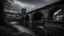 Placeholder: A large stone bridge arching over a river with buildings and structures visible in the background. The scene has a moody, atmospheric quality with a sense of mystery and history.