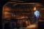 Placeholder: inside of a medieval shop, wooden walls, log pillars, stone bar with shop keeper behind it, magical ingredients on display and weapons on display. people, elves, goblins, orcs, dwarves and lizard folk in room. low lighting and creatures in containers