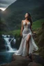 Placeholder: full shot body photo of the most beautiful artwork in the world featuring model, happy mood, High Detail, dramatic, photo realistic, ultra sharp, ultra hd, hyper realistic, ultra realistic, ((((dress)))), trending on artstation, sharp focus, studio photo, intricate details, highly detailed, standing in nice pose in country side with river ,water fall ,rocky valley,mountains at background, pretty clouds