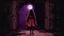 Placeholder: dark night, horror, possesed girl standing in front of ancient wooden door, door is close, locked with old padlock, moon light is coming from one side, add purple and red lights