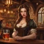 Placeholder: A young woman with pale skin and long brown hair in a fantasy tavern setting with intricate details. She is smirking, a tavern wench pouring a glass of whiskey, has intense red eyes, intimidating presence. High definition.