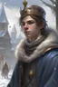 Placeholder: dnd, fantasy, high resolution, in a snowy northern town, portrait, noble teenager with a humble prince crown, medieval times, without wings