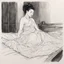 Placeholder: [An ink drawing on paper of Hotei] Dana lies on her bed, possessed by Zuul, she is waiting for the The Gatekeeper. she wears a transparent linen dress