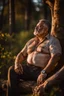 Placeholder: close up photography of a marocan 60 years old seated on a tree trunk in the wood, burly chubby muscular overweight, with opened shirt on manly chest, white bulging boxer, shirtless, hairy , golden hour, tatoo, Cinematic, 35mm lens, f/1.8, accent lighting, global illumination, frontal view from the ground