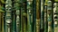Placeholder: A dark green forest with tribal huts designed in pacific Northwest totem poles painted by Thomas Hart Benton