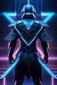 Placeholder: cyberpunk, neon blue, floating triangle of light behind the back, cyber armor, geometric patterns on an armor, male, orbiting triangle