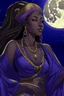 Placeholder: an anime drawing of an 40 year old black woman. she had dark hair in braids and a royal headdress. she is wearing a purple moon-themed african gown
