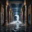 Placeholder: Hyper Realistic huge wave splashes & flood water inside a huge dark Palace hallway with traditional Indian pillars at night